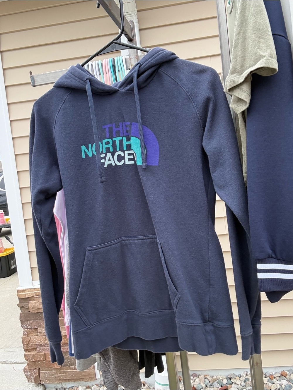 The North Face Navy Hoodie with Teal and Purple Logo